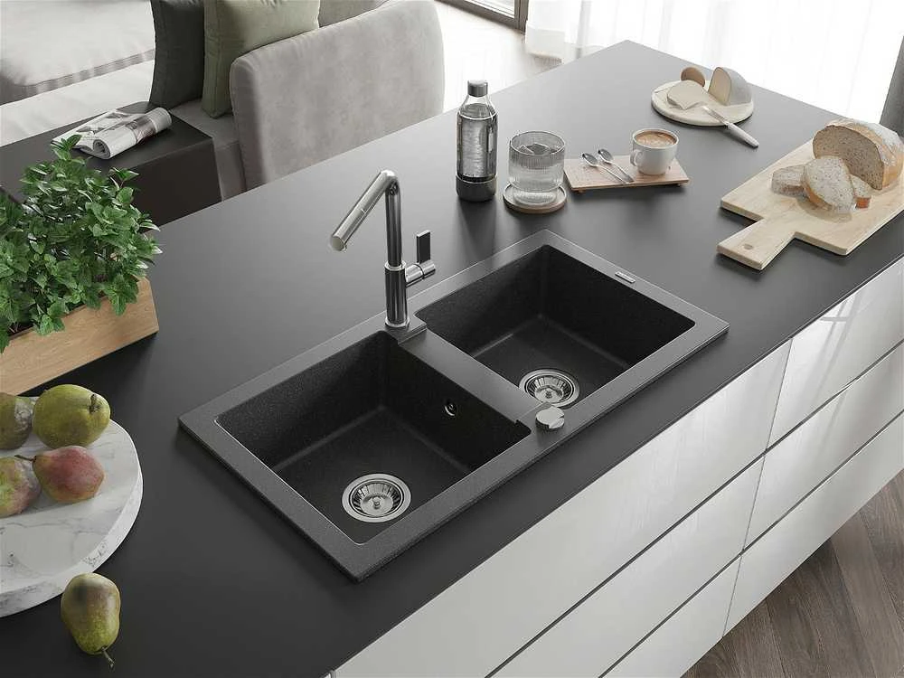 Granitinė virtuvinė plautuvė Mexen Mario su maišytuvu ir sifonu, Juodas granite+Chrome