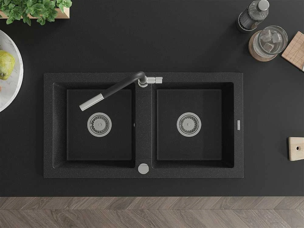 Granitinė virtuvinė plautuvė Mexen Mario su maišytuvu ir sifonu, Metallic juodas/sidabrinis+Juodas/Chrome