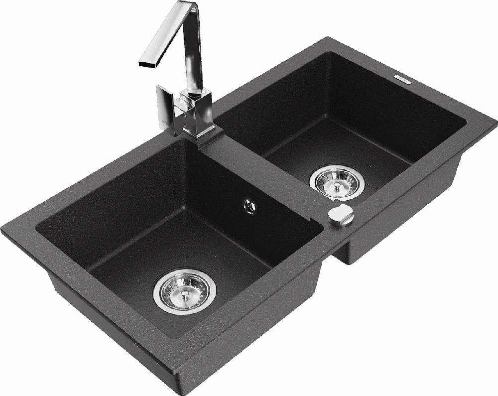 Granitinė virtuvinė plautuvė Mexen Mario su maišytuvu ir sifonu, Juodas granite+Chrome