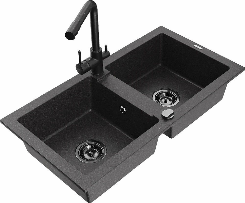 Granitinė virtuvinė plautuvė Mexen Mario su maišytuvu ir sifonu, Juodas granite+Juodas