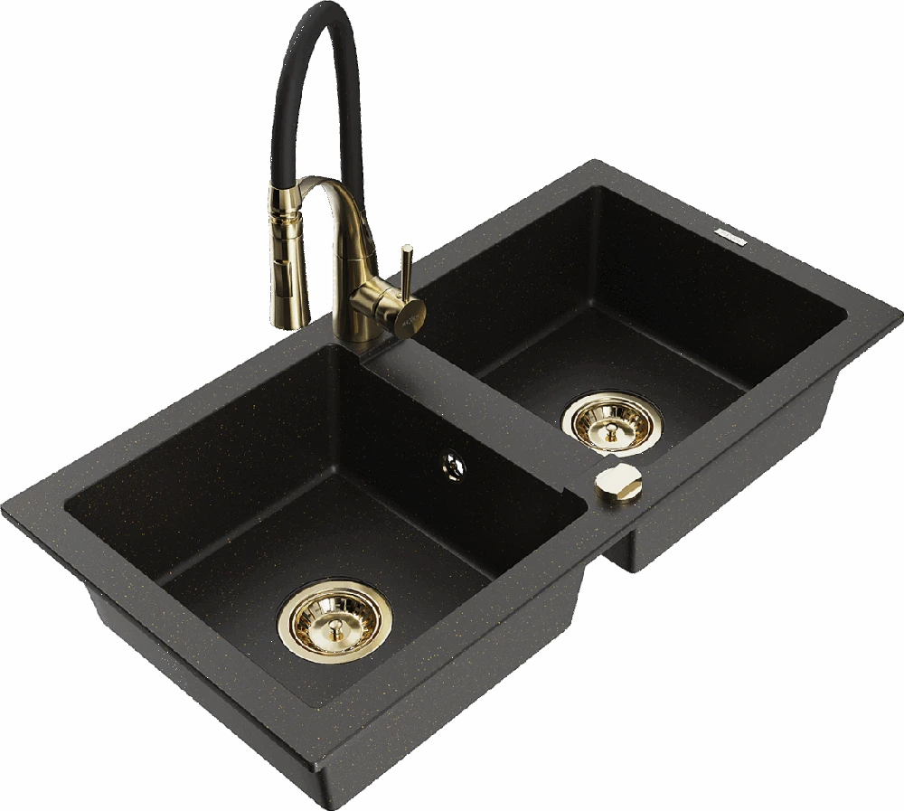 Granitinė virtuvinė plautuvė Mexen Mario su maišytuvu ir sifonu, Metallic juodas/auksinis+Juodas/Gold