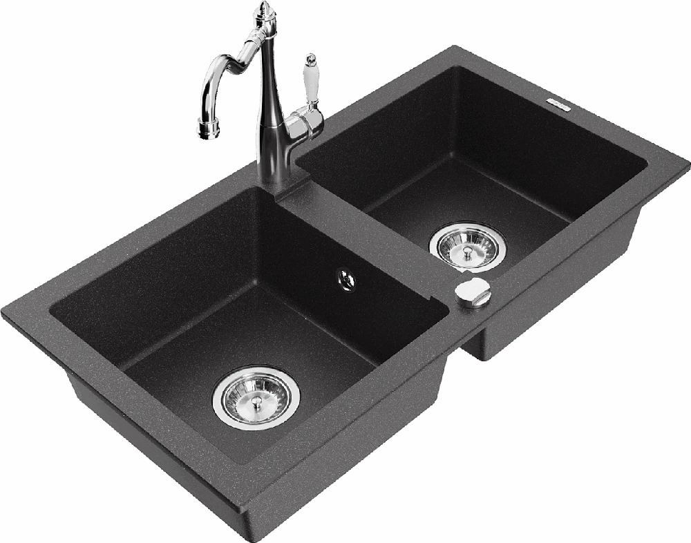 Granitinė virtuvinė plautuvė Mexen Mario su maišytuvu ir sifonu, Juodas granite+Chrome