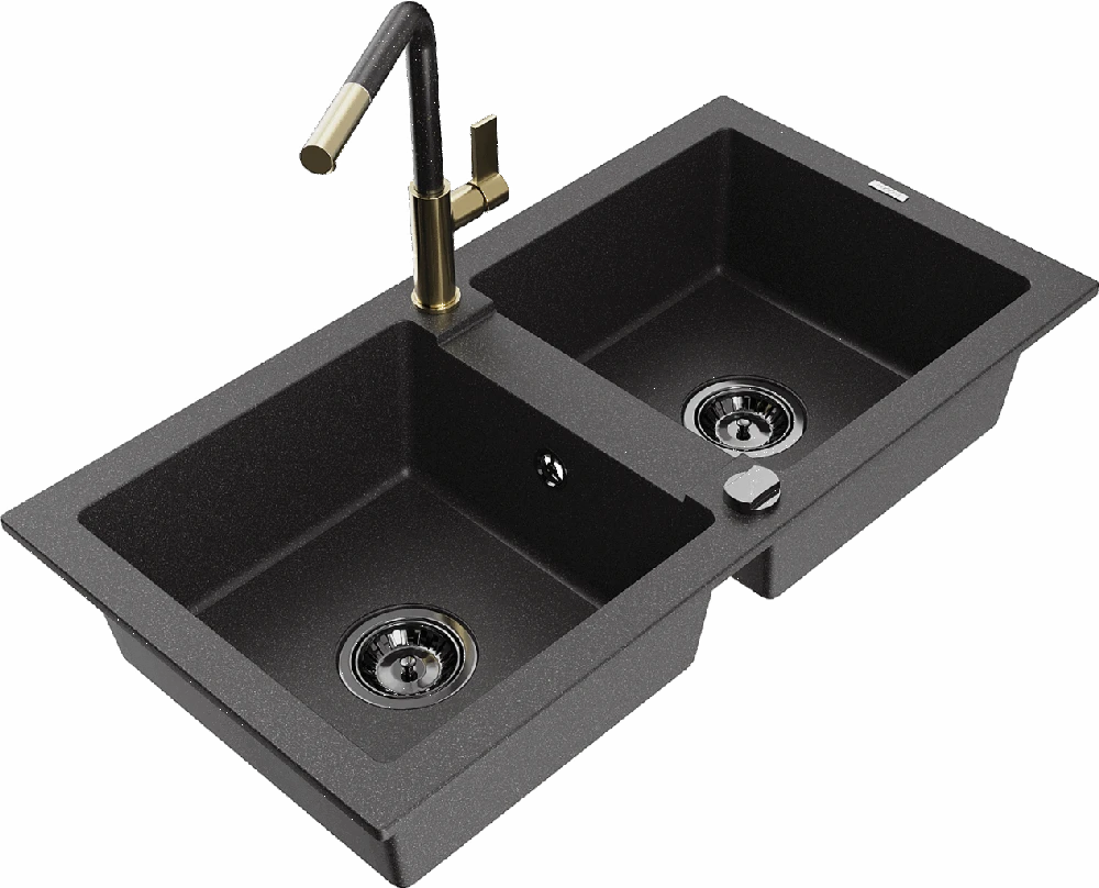 Granitinė virtuvinė plautuvė Mexen Mario su maišytuvu ir sifonu, Juodas granite+Juodas granite/Gold