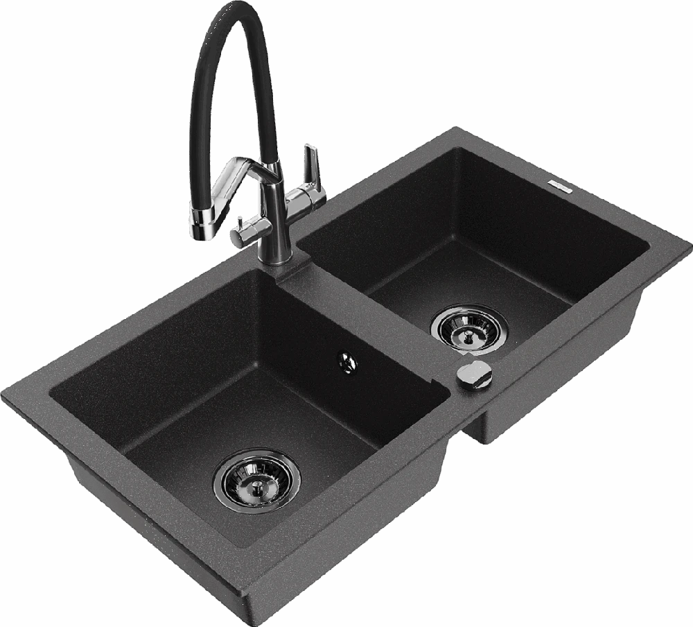 Granitinė virtuvinė plautuvė Mexen Mario su maišytuvu ir sifonu, Juodas granite+Juodas/Chrome