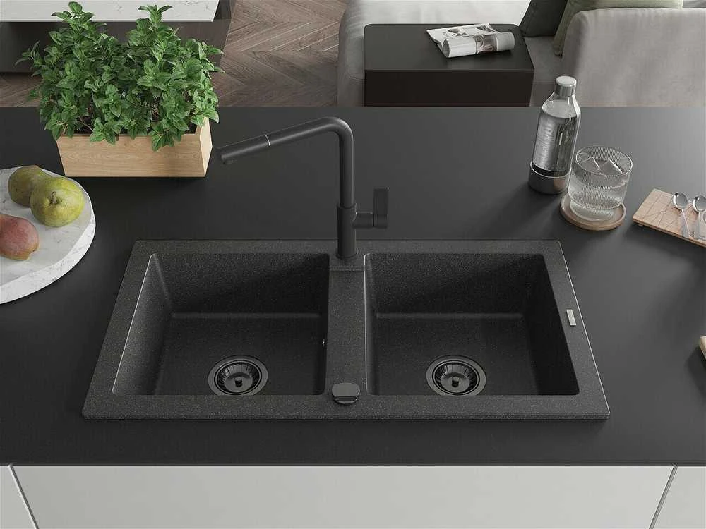 Granitinė virtuvinė plautuvė Mexen Mario su maišytuvu ir sifonu, Juodas granite+Juodas