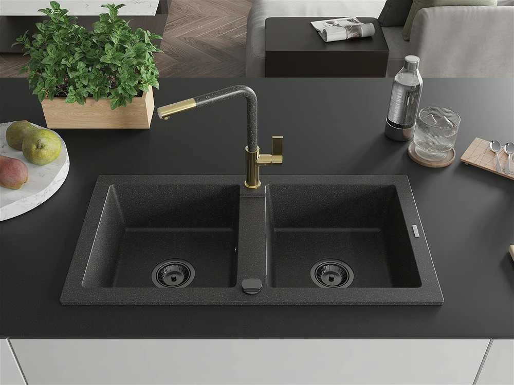 Granitinė virtuvinė plautuvė Mexen Mario su maišytuvu ir sifonu, Juodas granite+Juodas granite/Gold