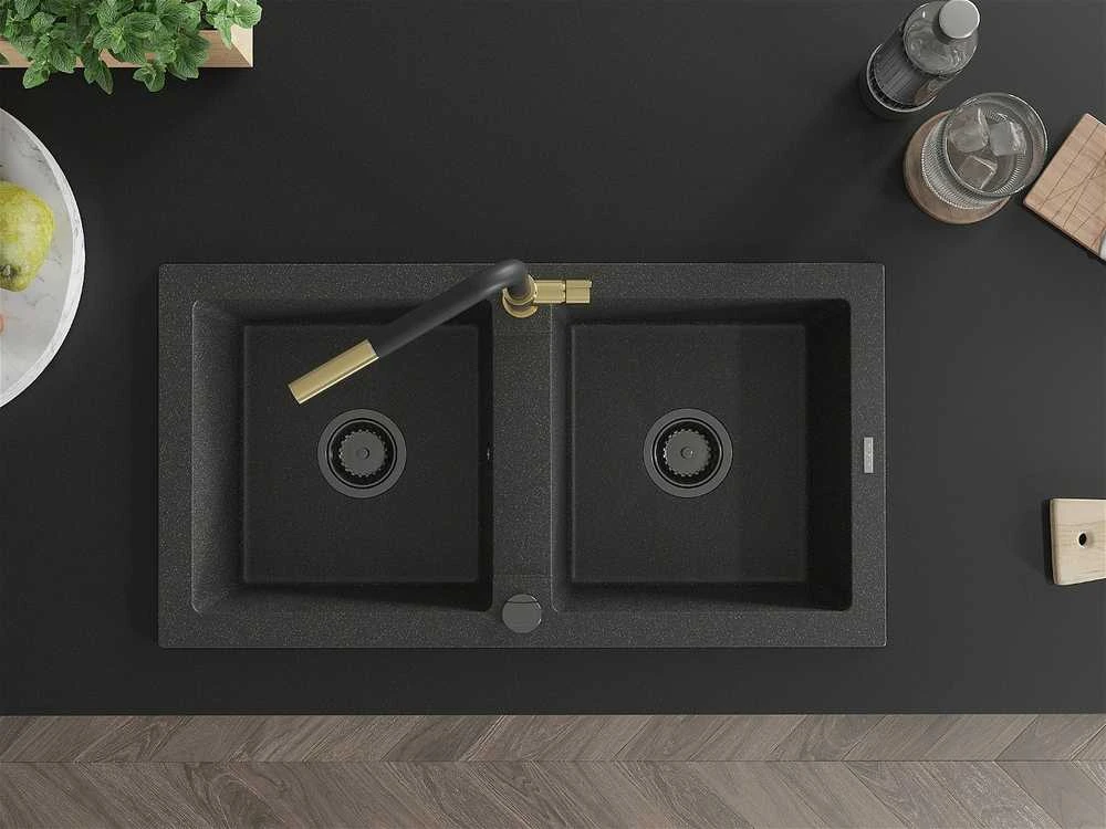 Granitinė virtuvinė plautuvė Mexen Mario su maišytuvu ir sifonu, Juodas granite+Juodas/Gold