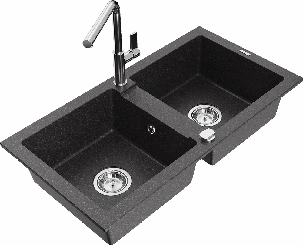 Granitinė virtuvinė plautuvė Mexen Mario su maišytuvu ir sifonu, Juodas granite+Chrome