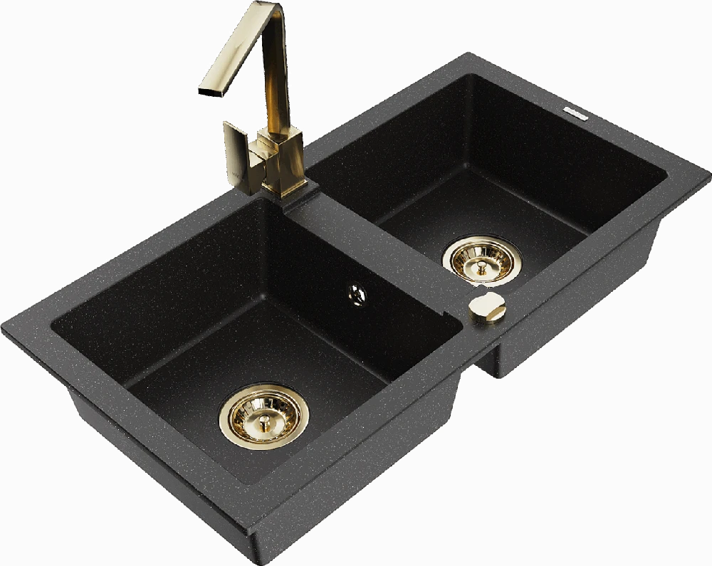 Granitinė virtuvinė plautuvė Mexen Mario su maišytuvu ir sifonu, Metallic juodas/sidabrinis+Gold