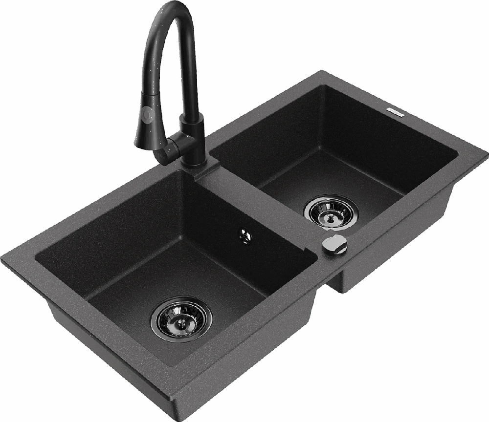 Granitinė virtuvinė plautuvė Mexen Mario su maišytuvu ir sifonu, Juodas granite+Juodas