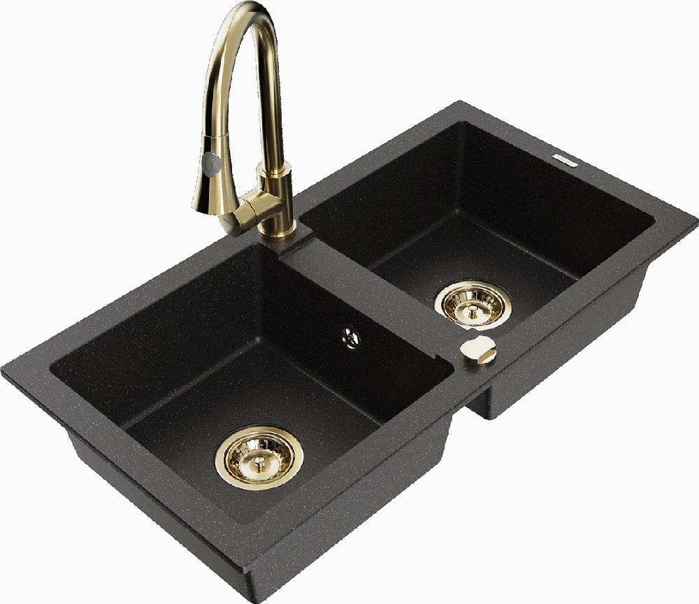 Granitinė virtuvinė plautuvė Mexen Mario su maišytuvu ir sifonu, Metallic juodas/sidabrinis+Gold