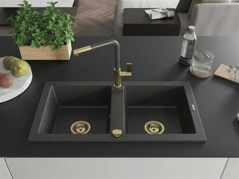 Granitinė virtuvinė plautuvė Mexen Mario su maišytuvu ir sifonu, Juodas granite+Juodas granite/Gold