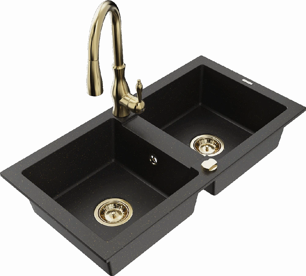 Granitinė virtuvinė plautuvė Mexen Mario su maišytuvu ir sifonu, Metallic juodas/auksinis+Gold