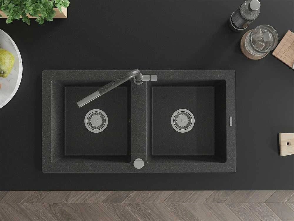 Granitinė virtuvinė plautuvė Mexen Mario su maišytuvu ir sifonu, Juodas granite+Juodas granite/Chrome