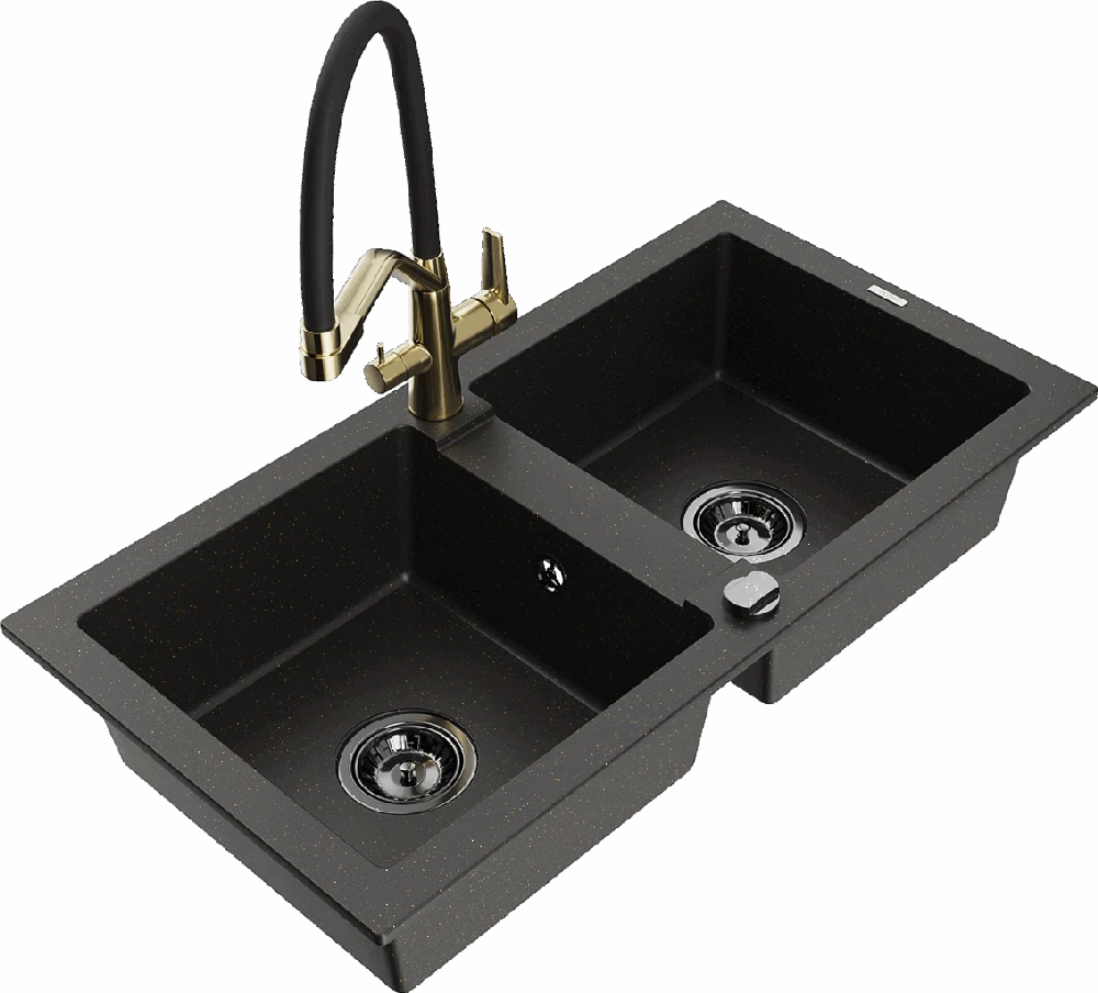 Granitinė virtuvinė plautuvė Mexen Mario su maišytuvu ir sifonu, Metallic juodas/auksinis+Juodas/Gold