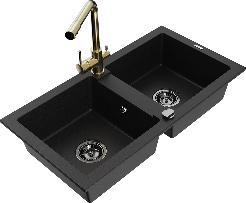 Granitinė virtuvinė plautuvė Mexen Mario su maišytuvu ir sifonu, Juodas+Gold