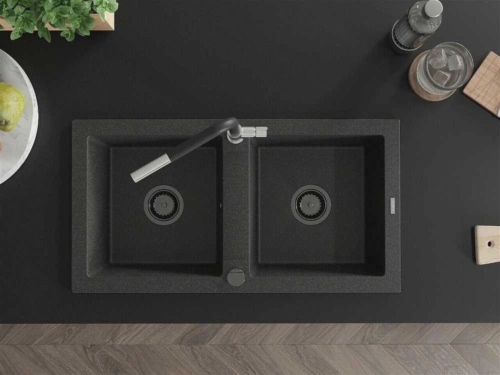 Granitinė virtuvinė plautuvė Mexen Mario su maišytuvu ir sifonu, Juodas granite+Juodas/Chrome