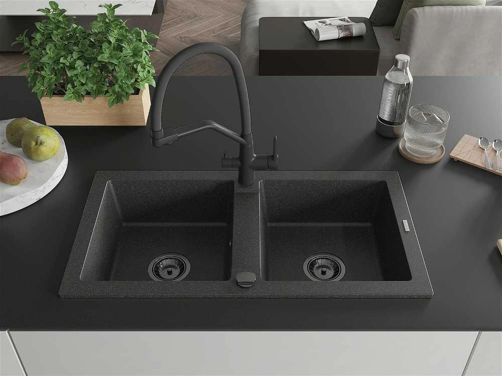 Granitinė virtuvinė plautuvė Mexen Mario su maišytuvu ir sifonu, Juodas granite+Juodas