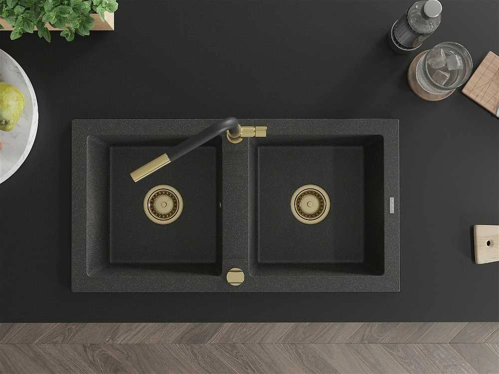 Granitinė virtuvinė plautuvė Mexen Mario su maišytuvu ir sifonu, Juodas granite+Juodas/Gold