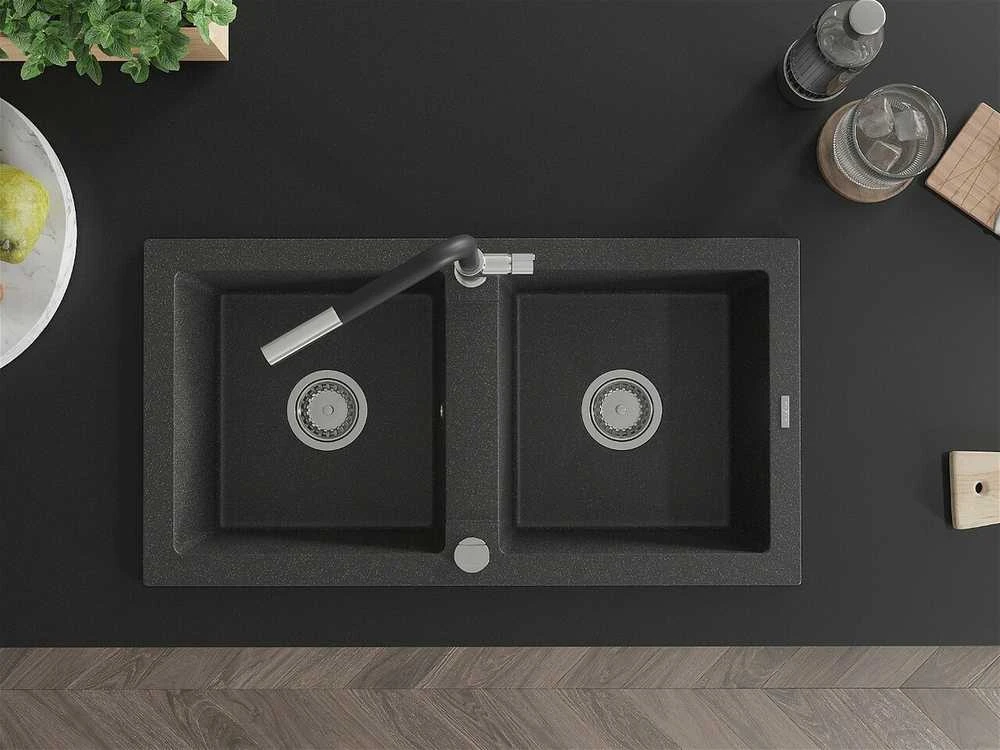 Granitinė virtuvinė plautuvė Mexen Mario su maišytuvu ir sifonu, Juodas granite+Juodas/Chrome