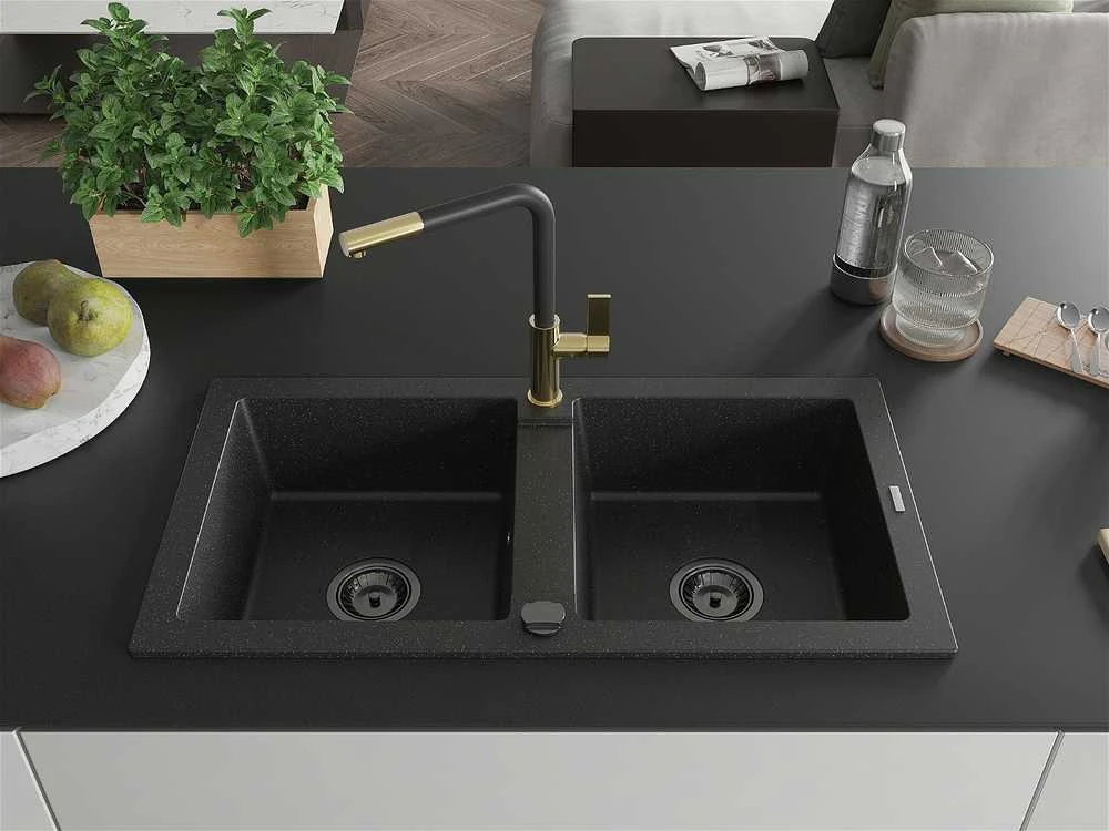 Granitinė virtuvinė plautuvė Mexen Mario su maišytuvu ir sifonu, Metallic juodas/sidabrinis+Juodas/Gold