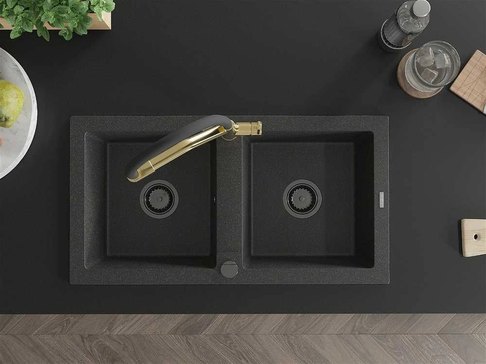 Granitinė virtuvinė plautuvė Mexen Mario su maišytuvu ir sifonu, Juodas granite+Juodas/Gold