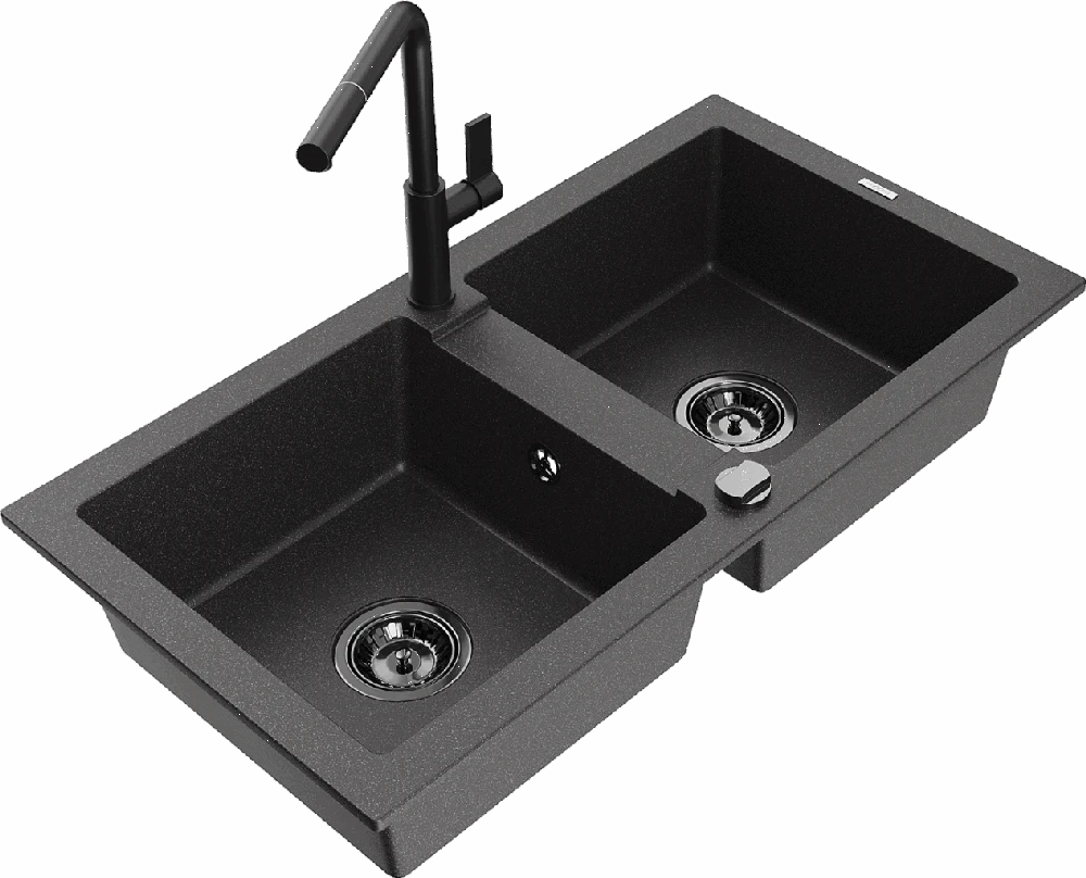Granitinė virtuvinė plautuvė Mexen Mario su maišytuvu ir sifonu, Juodas granite+Juodas