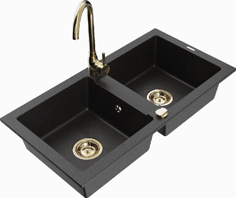 Granitinė virtuvinė plautuvė Mexen Mario su maišytuvu ir sifonu, Metallic juodas/sidabrinis+Gold