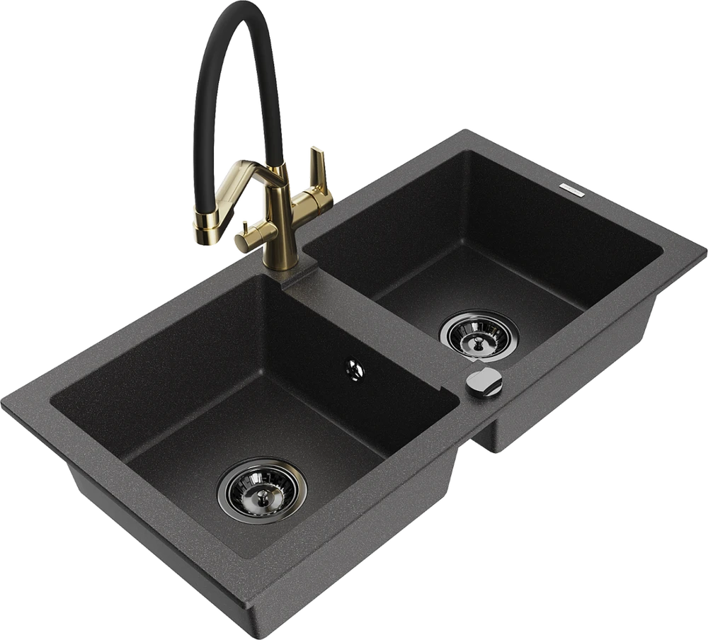 Granitinė virtuvinė plautuvė Mexen Mario su maišytuvu ir sifonu, Juodas granite+Juodas/Gold