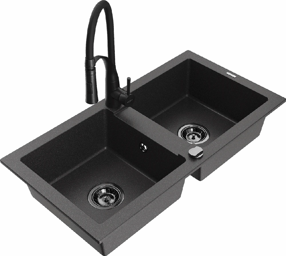 Granitinė virtuvinė plautuvė Mexen Mario su maišytuvu ir sifonu, Juodas granite+Juodas