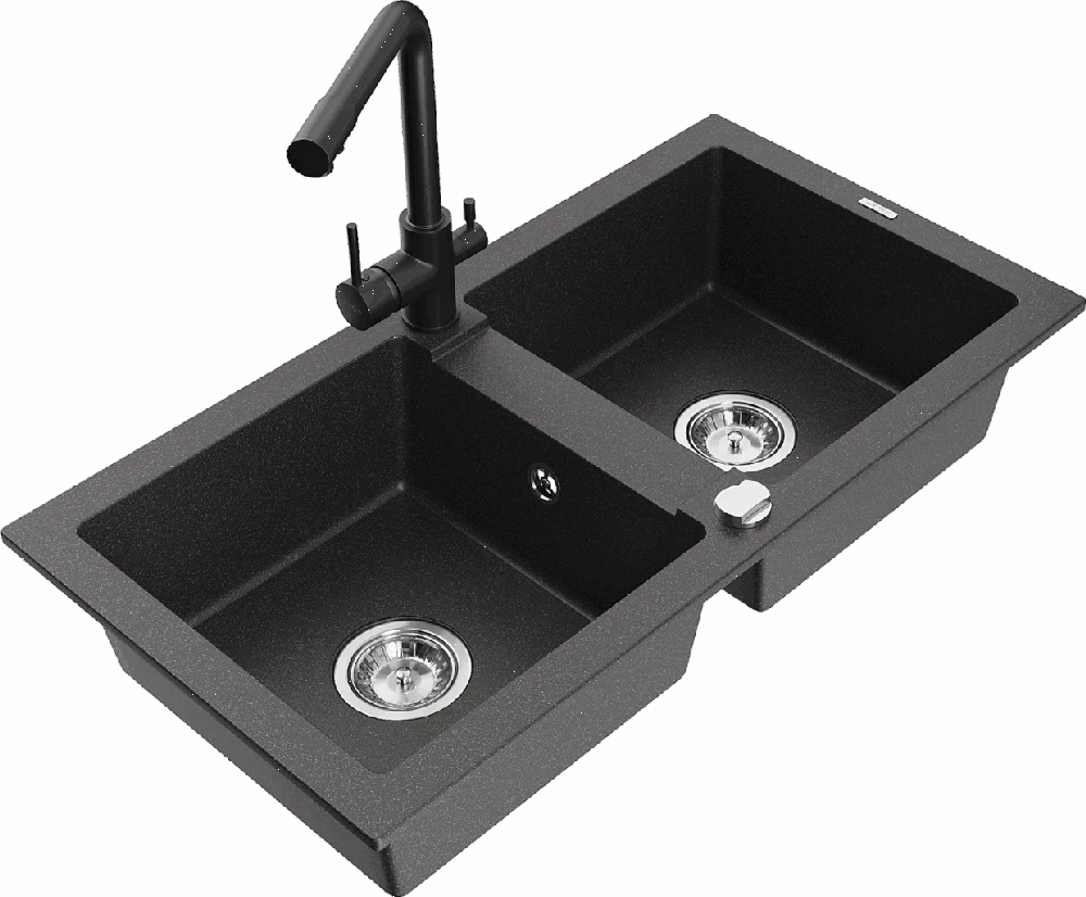 Granitinė virtuvinė plautuvė Mexen Mario su maišytuvu ir sifonu, Juodas granite+Juodas