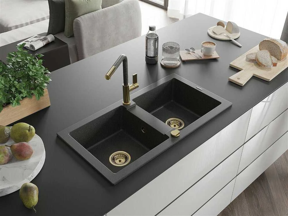 Granitinė virtuvinė plautuvė Mexen Mario su maišytuvu ir sifonu, Juodas granite+Juodas granite/Gold