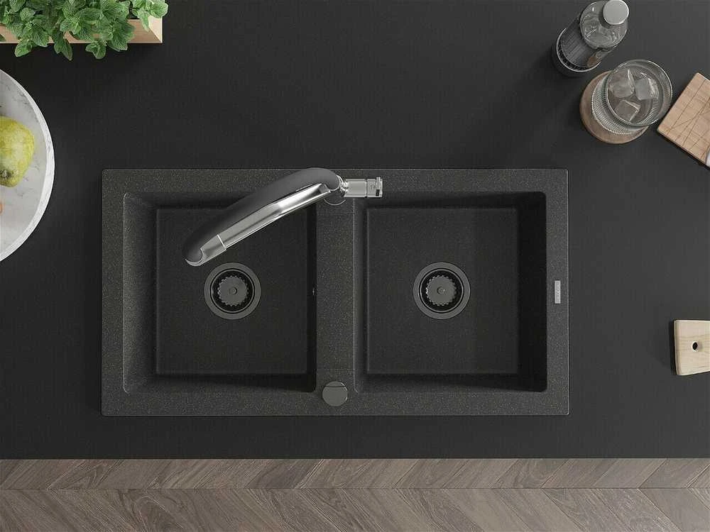 Granitinė virtuvinė plautuvė Mexen Mario su maišytuvu ir sifonu, Juodas granite+Juodas/Chrome