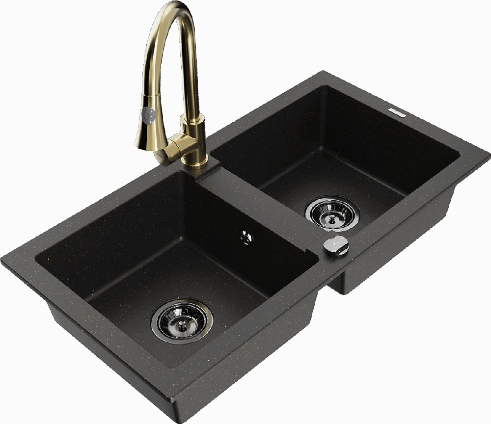 Granitinė virtuvinė plautuvė Mexen Mario su maišytuvu ir sifonu, Metallic juodas/auksinis+Gold
