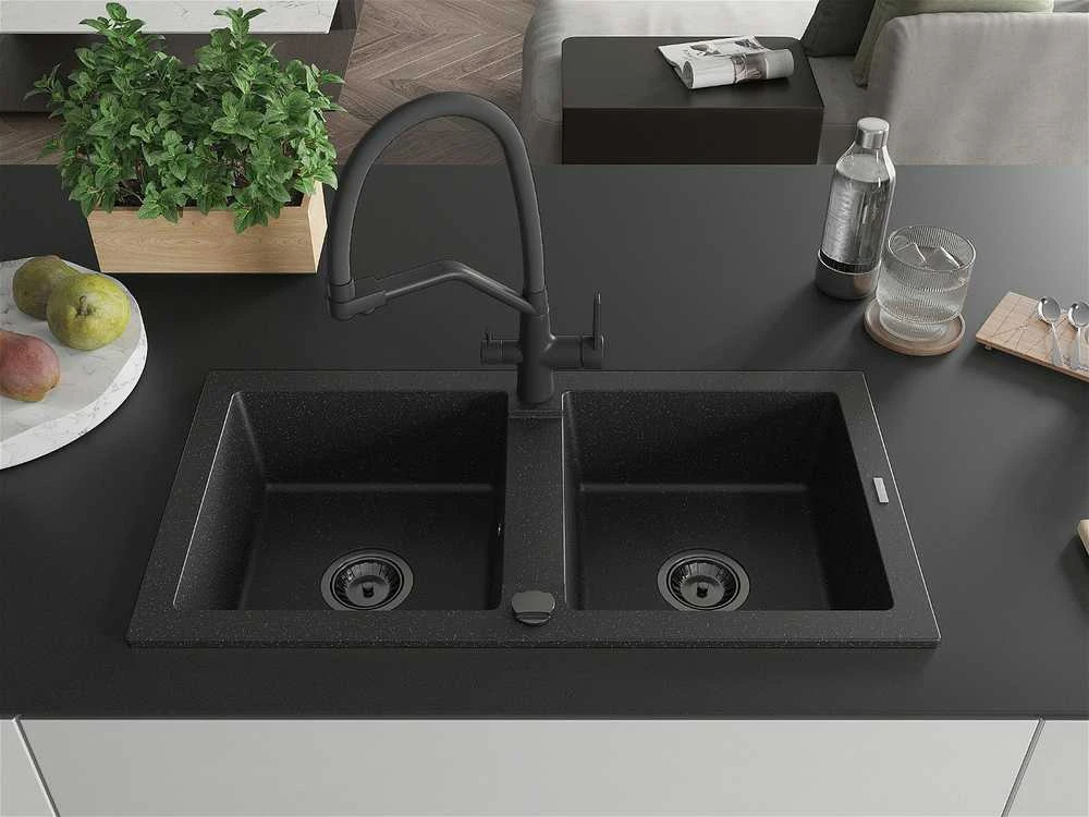 Granitinė virtuvinė plautuvė Mexen Mario su maišytuvu ir sifonu, Metallic juodas/sidabrinis+Juodas