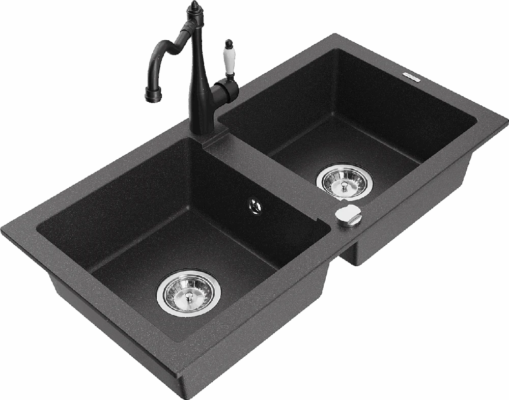 Granitinė virtuvinė plautuvė Mexen Mario su maišytuvu ir sifonu, Juodas granite+Juodas