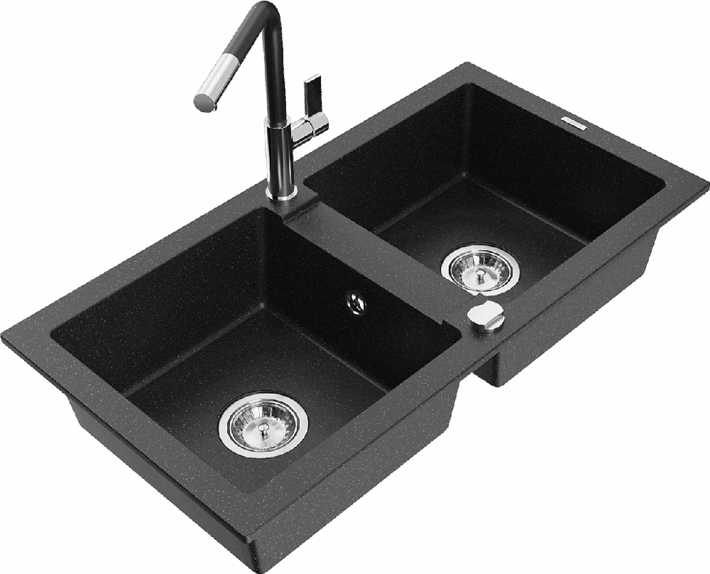 Granitinė virtuvinė plautuvė Mexen Mario su maišytuvu ir sifonu, Metallic juodas/sidabrinis+Juodas/Chrome