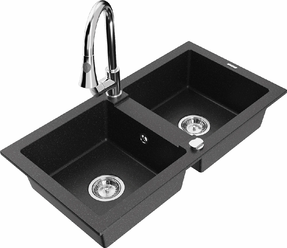 Granitinė virtuvinė plautuvė Mexen Mario su maišytuvu ir sifonu, Metallic juodas/sidabrinis+Chrome