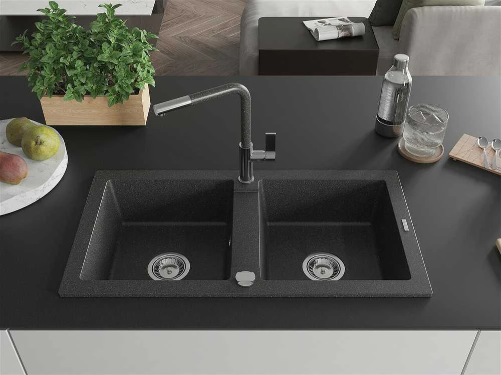 Granitinė virtuvinė plautuvė Mexen Mario su maišytuvu ir sifonu, Juodas granite+Juodas granite/Chrome