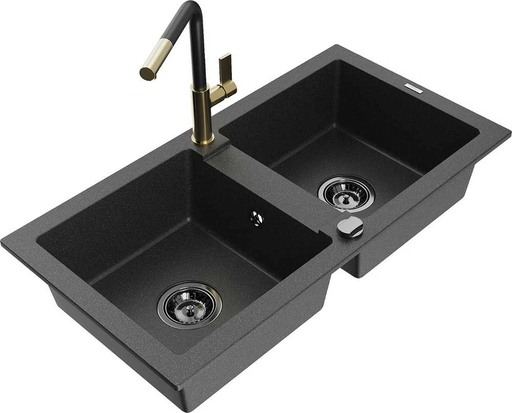 Granitinė virtuvinė plautuvė Mexen Mario su maišytuvu ir sifonu, Juodas granite+Juodas/Gold