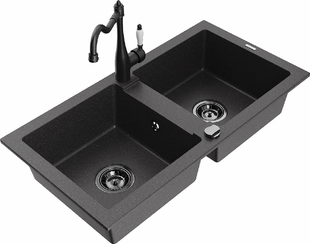 Granitinė virtuvinė plautuvė Mexen Mario su maišytuvu ir sifonu, Juodas granite+Juodas