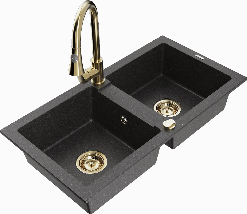 Granitinė virtuvinė plautuvė Mexen Mario su maišytuvu ir sifonu, Juodas granite+Gold