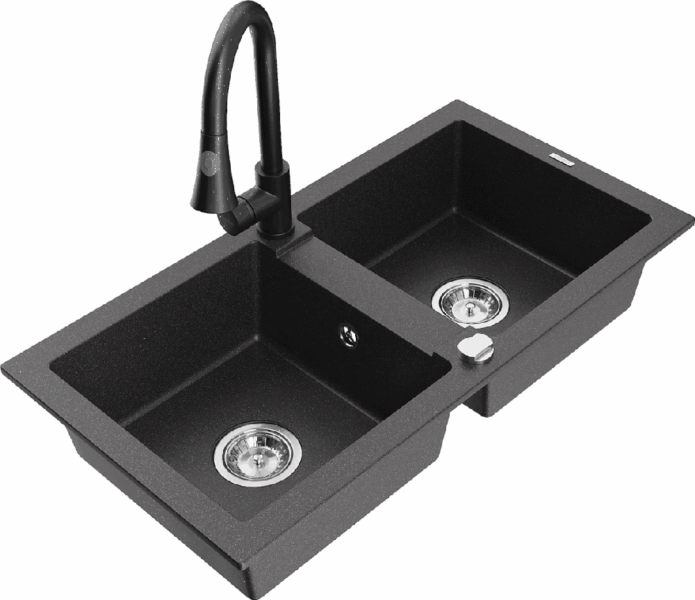 Granitinė virtuvinė plautuvė Mexen Mario su maišytuvu ir sifonu, Juodas granite+Juodas
