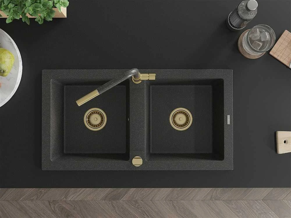 Granitinė virtuvinė plautuvė Mexen Mario su maišytuvu ir sifonu, Juodas granite+Juodas granite/Gold