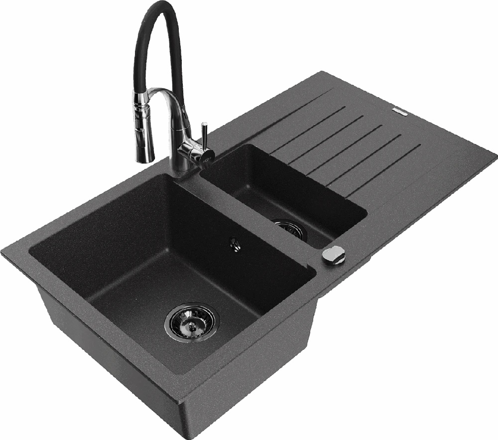 Granitinė virtuvinė plautuvė Mexen Matias su maišytuvu ir sifonu, Juodas granite+Juodas/Chrome