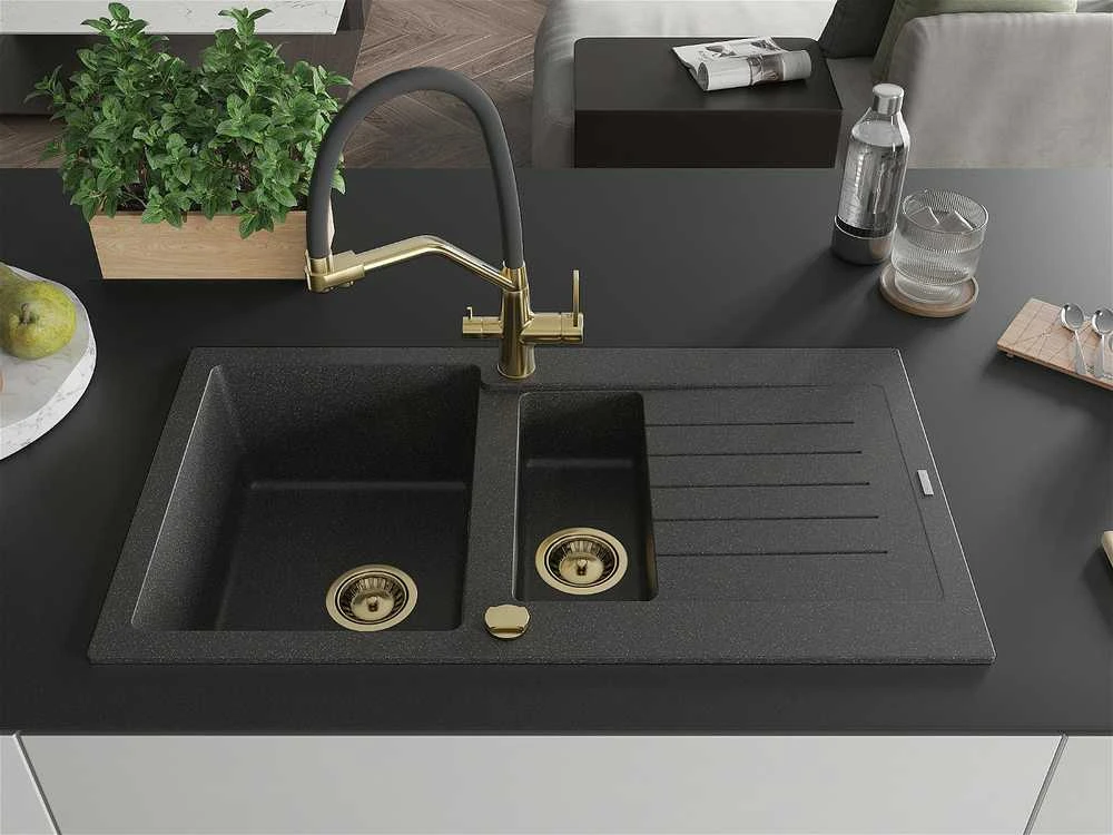 Granitinė virtuvinė plautuvė Mexen Matias su maišytuvu ir sifonu, Juodas granite+Juodas/Gold