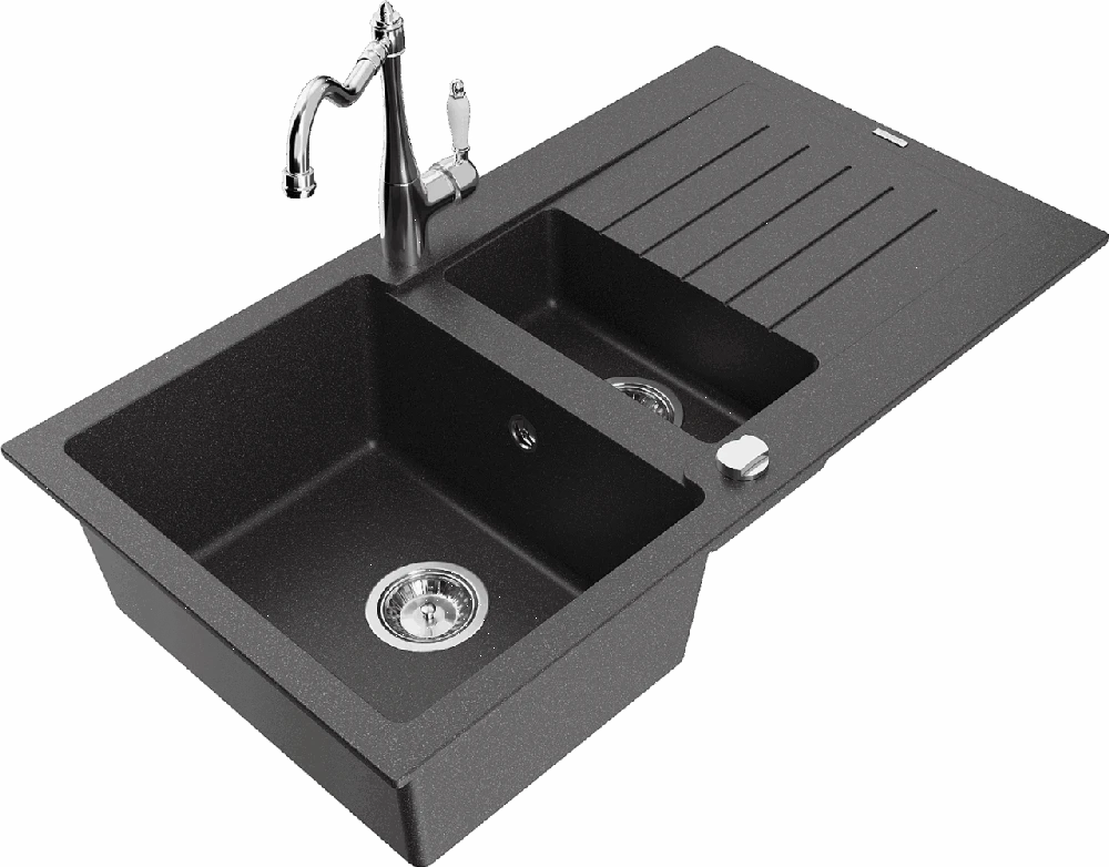 Granitinė virtuvinė plautuvė Mexen Matias su maišytuvu ir sifonu, Juodas granite+Chrome