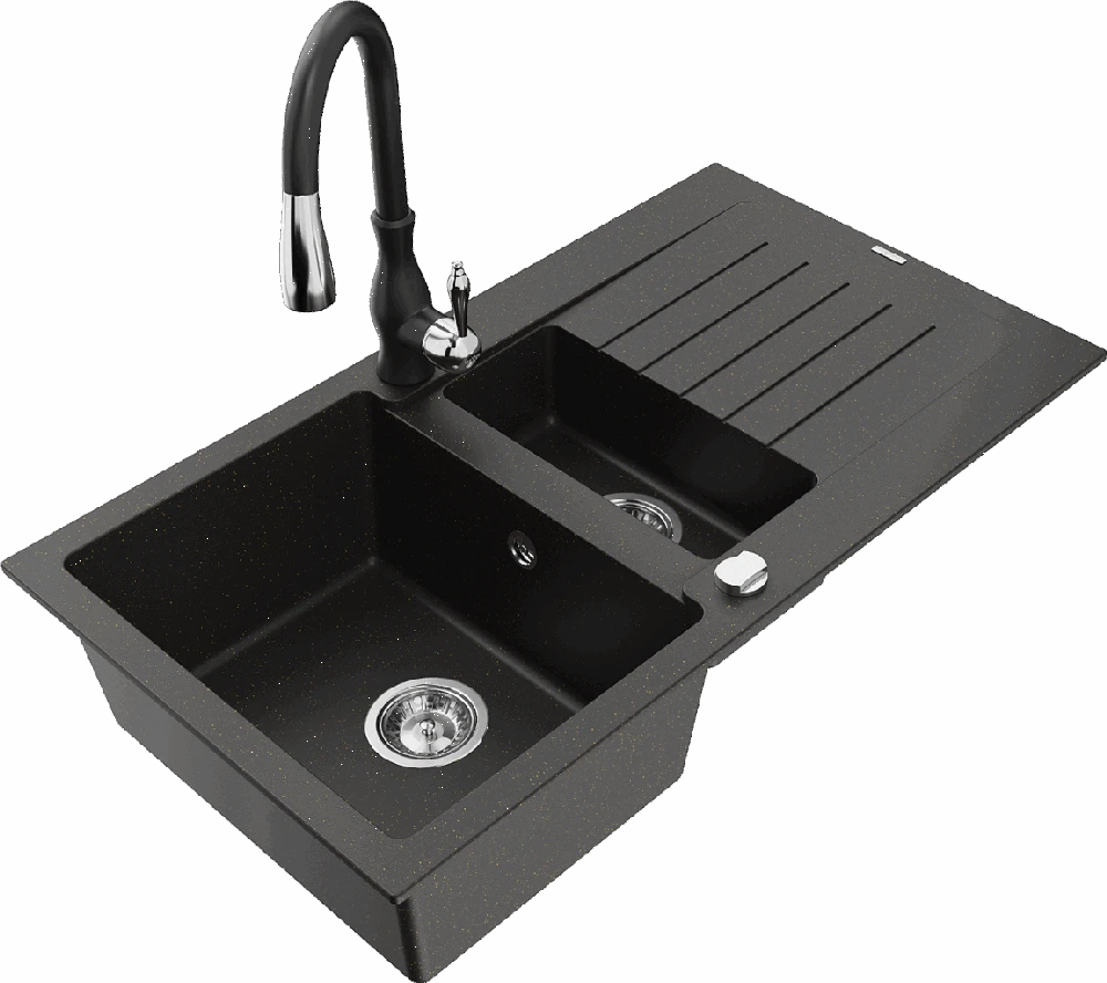 Granitinė virtuvinė plautuvė Mexen Matias su maišytuvu ir sifonu, Metallic juodas/auksinis+Juodas