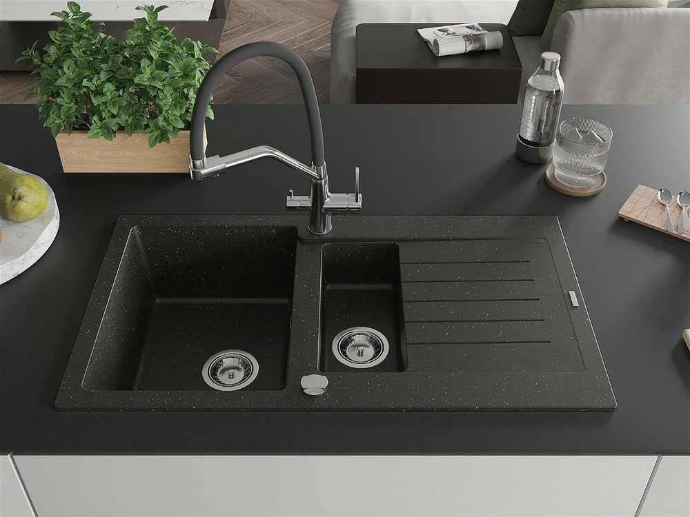 Granitinė virtuvinė plautuvė Mexen Matias su maišytuvu ir sifonu, Metallic juodas/auksinis+Juodas/Chrome