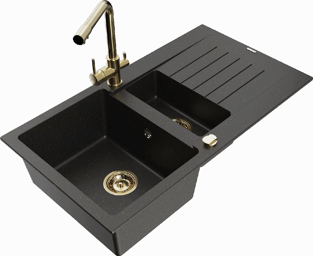 Granitinė virtuvinė plautuvė Mexen Matias su maišytuvu ir sifonu, Metallic juodas/auksinis+Gold